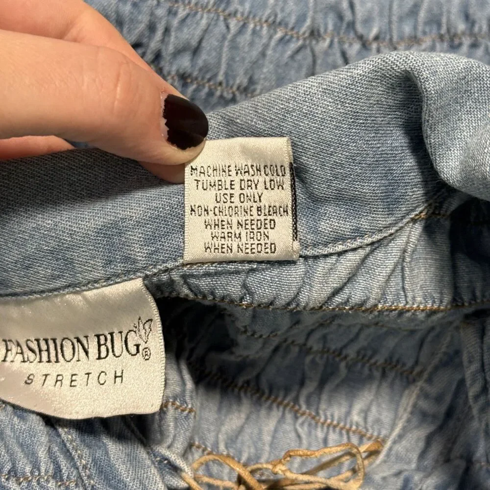 Vtg Fashion Bug Denim Top Women 18/20 Blue Jean Lace Up Boho Renaissance Prairie